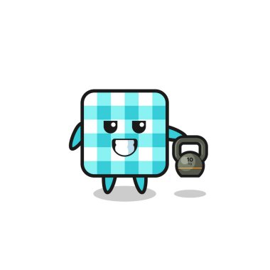 checkered tablecloth mascot lifting kettlebell in the gym , cute design