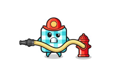 checkered tablecloth cartoon as firefighter mascot with water hose , cute design
