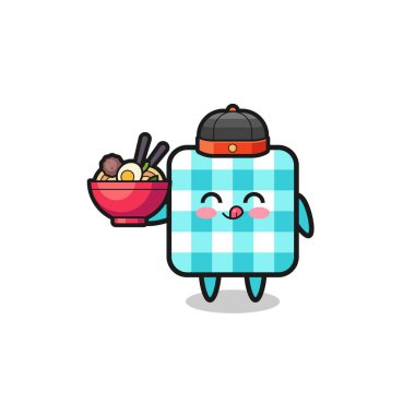 checkered tablecloth as Chinese chef mascot holding a noodle bowl , cute design