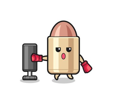 bullet boxer cartoon doing training with punching bag , cute design