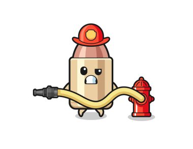 bullet cartoon as firefighter mascot with water hose , cute design