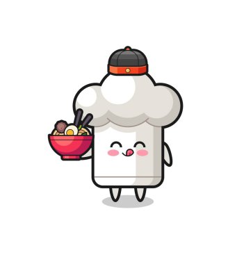 chef hat as Chinese chef mascot holding a noodle bowl , cute design