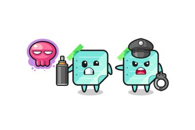 blue sticky notes cartoon doing vandalism and caught by the police , cute design