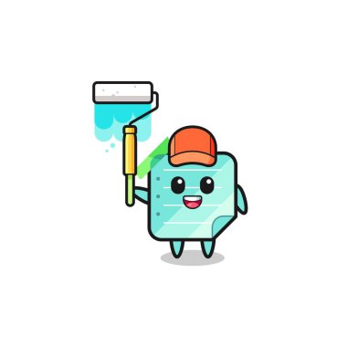 the blue sticky notes painter mascot with a paint roller , cute design