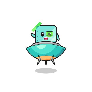 blue sticky notes cartoon riding a future spaceship , cute design
