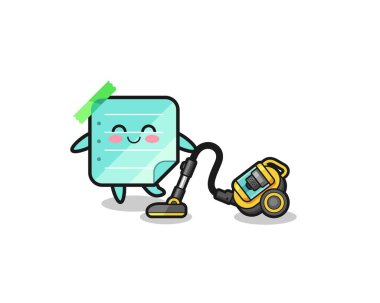 cute blue sticky notes holding vacuum cleaner illustration , cute design