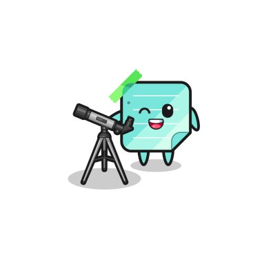blue sticky notes astronomer mascot with a modern telescope , cute design