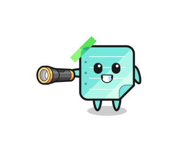 blue sticky notes mascot holding flashlight , cute design