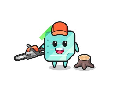 blue sticky notes lumberjack character holding a chainsaw , cute design