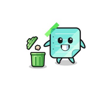 illustration of the blue sticky notes throwing garbage in the trash can , cute design