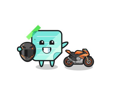 cute blue sticky notes cartoon as a motorcycle racer , cute design