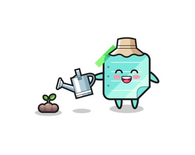 cute blue sticky notes is watering plant seeds , cute design