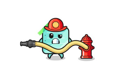 blue sticky notes cartoon as firefighter mascot with water hose , cute design