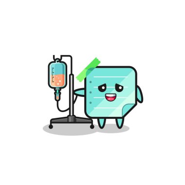cute blue sticky notes character standing with infusion pole , cute design