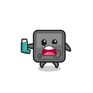 safe box mascot having asthma while holding the inhaler , cute design