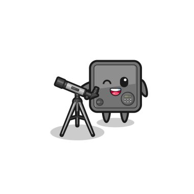 safe box astronomer mascot with a modern telescope , cute design