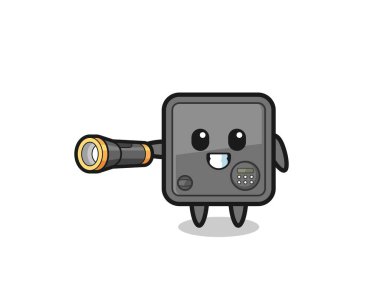 safe box mascot holding flashlight , cute design