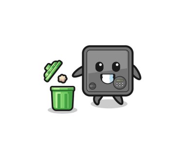 illustration of the safe box throwing garbage in the trash can , cute design