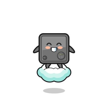 cute safe box illustration riding a floating cloud , cute design