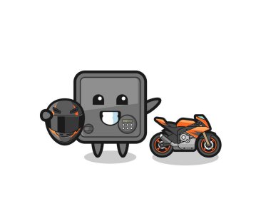 cute safe box cartoon as a motorcycle racer , cute design