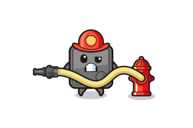 safe box cartoon as firefighter mascot with water hose , cute design