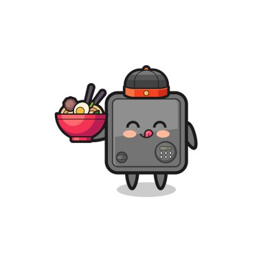 safe box as Chinese chef mascot holding a noodle bowl , cute design