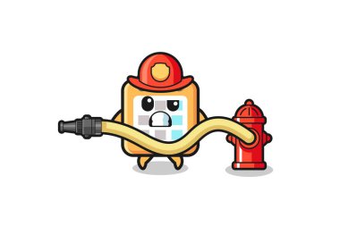 calendar cartoon as firefighter mascot with water hose , cute design
