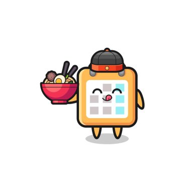 calendar as Chinese chef mascot holding a noodle bowl , cute design