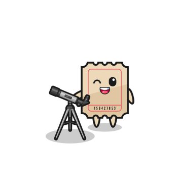 ticket astronomer mascot with a modern telescope , cute design