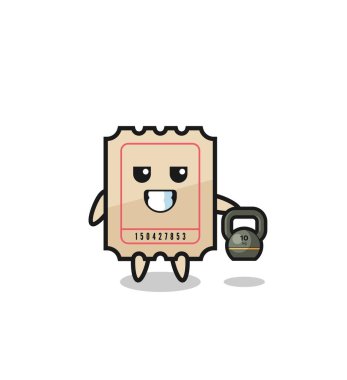 ticket mascot lifting kettlebell in the gym , cute design