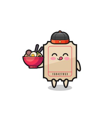 ticket as Chinese chef mascot holding a noodle bowl , cute design
