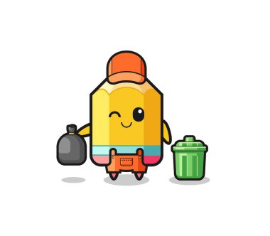 the mascot of cute pencil as garbage collector , cute design