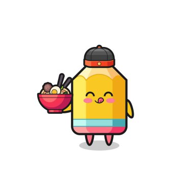 pencil as Chinese chef mascot holding a noodle bowl , cute design