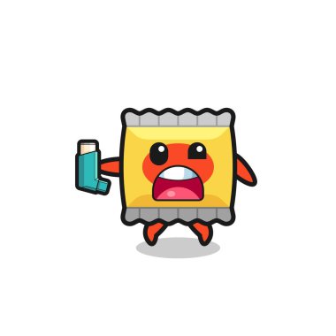 snack mascot having asthma while holding the inhaler , cute design