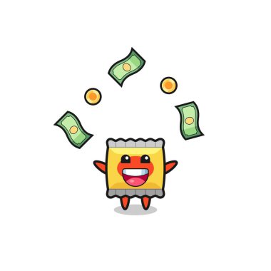 illustration of the snack catching money falling from the sky , cute design