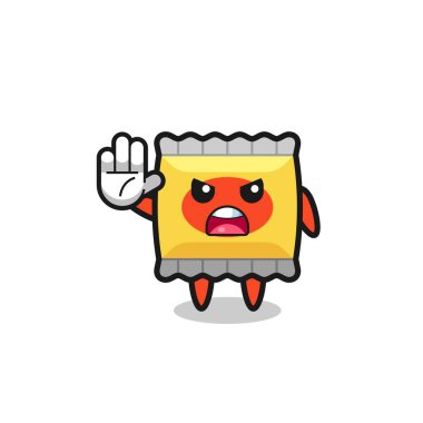 snack character doing stop gesture , cute design