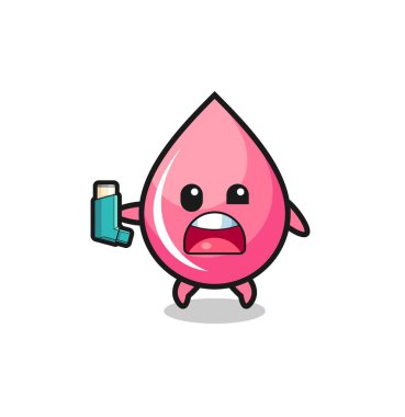 strawberry juice drop mascot having asthma while holding the inhaler , cute design
