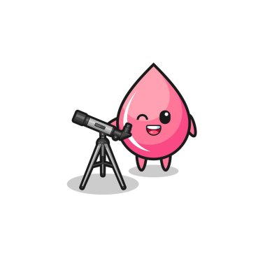 strawberry juice drop astronomer mascot with a modern telescope , cute design