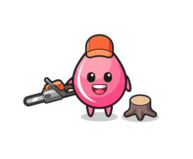 strawberry juice drop lumberjack character holding a chainsaw , cute design
