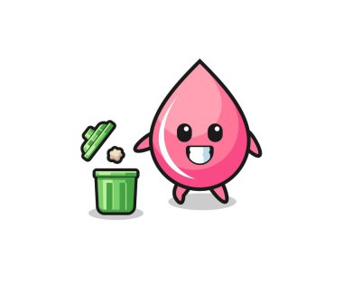 illustration of the strawberry juice drop throwing garbage in the trash can , cute design