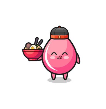 strawberry juice drop as Chinese chef mascot holding a noodle bowl , cute design
