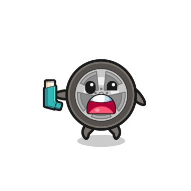 car wheel mascot having asthma while holding the inhaler , cute design