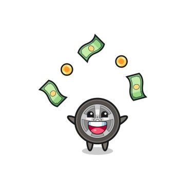 illustration of the car wheel catching money falling from the sky , cute design