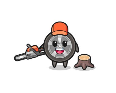 car wheel lumberjack character holding a chainsaw , cute design