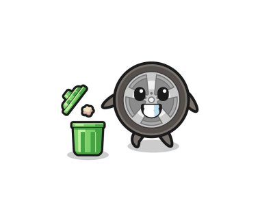 illustration of the car wheel throwing garbage in the trash can , cute design