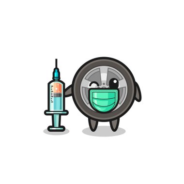 car wheel mascot as vaccinator , cute design