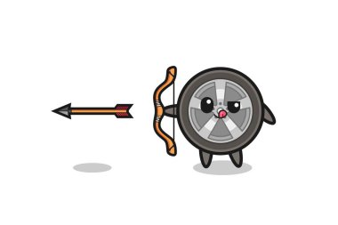 illustration of car wheel character doing archery , cute design