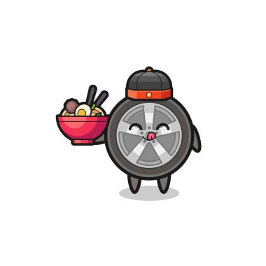 car wheel as Chinese chef mascot holding a noodle bowl , cute design