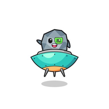 stone cartoon riding a future spaceship , cute design