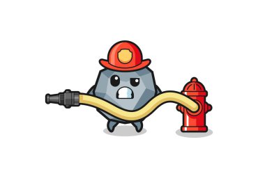 stone cartoon as firefighter mascot with water hose , cute design